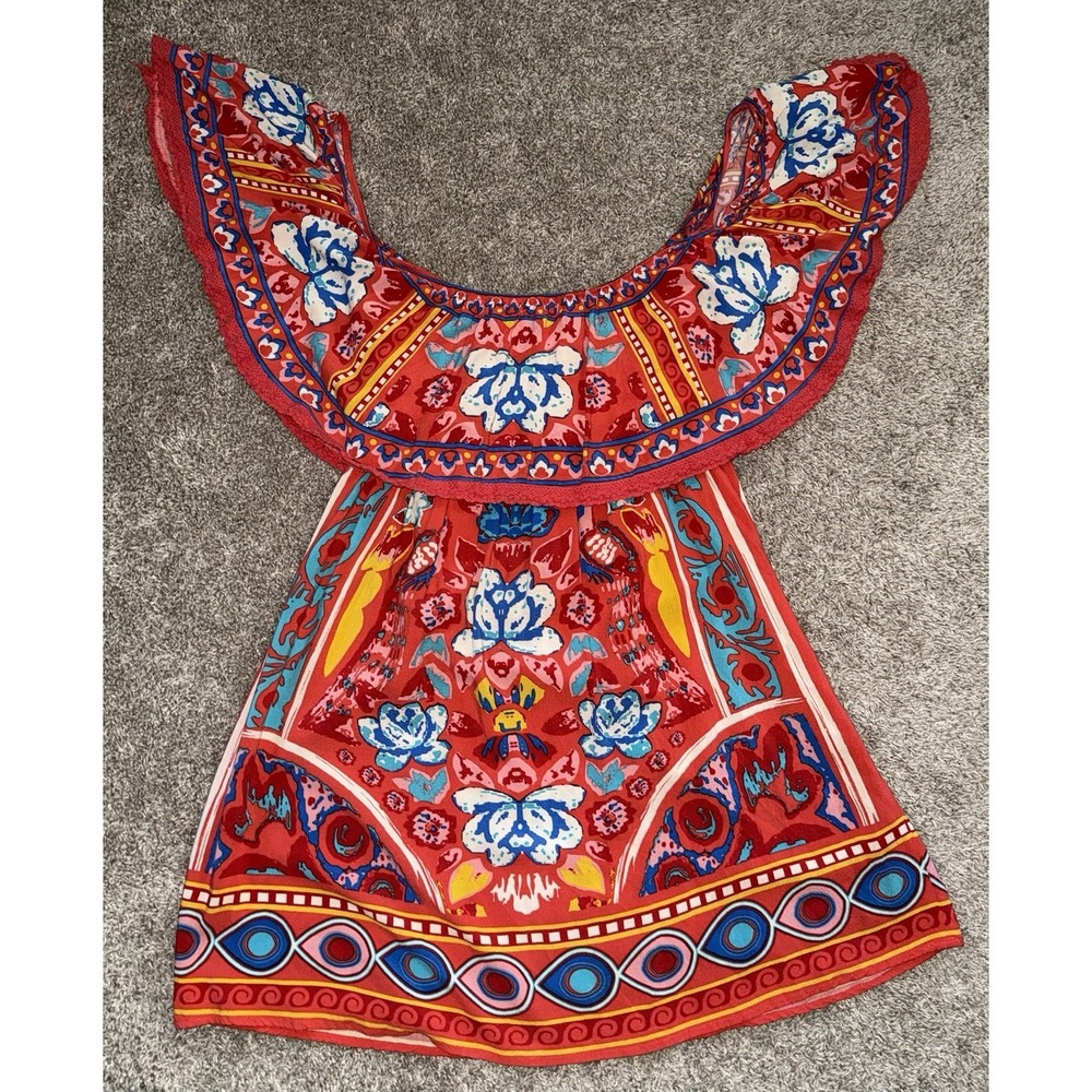 Flying Tomato Off the Shoulder Ruffled Boho Mini Dress Womens L Red Rayon Casual